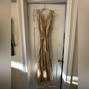 DKNY Tan & Cream V-Neck Sleeveless Maxi Dress with Waist Tie